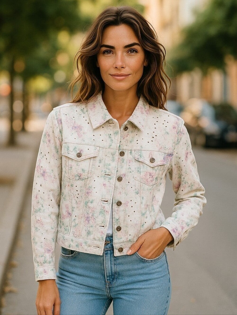 GG JEANS White Eyelet Denim Soft Pastel Floral Jean Jacket